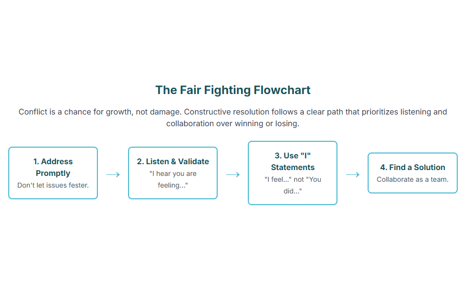 Conflict is a chance for growth, not damage. Constructive resolution follows a clear path that prioritizes listening and collaboration over winning or losing.