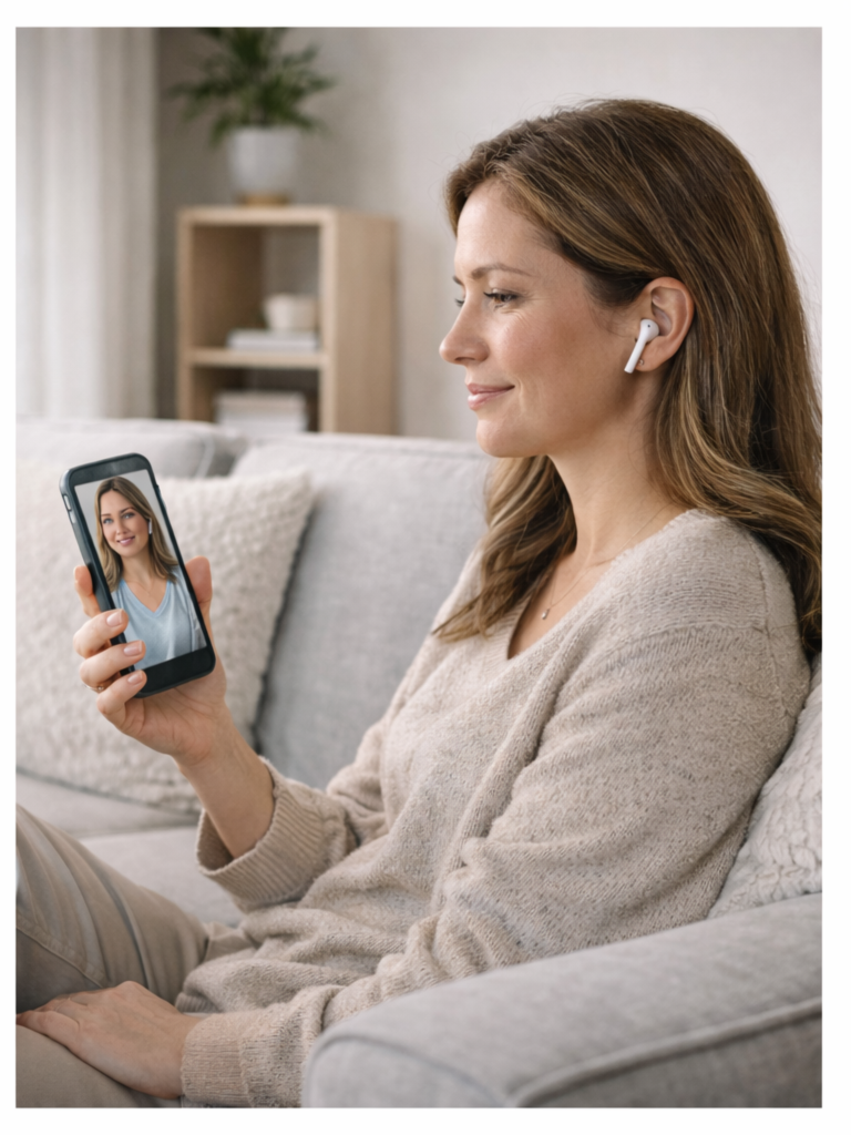 Woman using phone for a telehealth counseling session from home